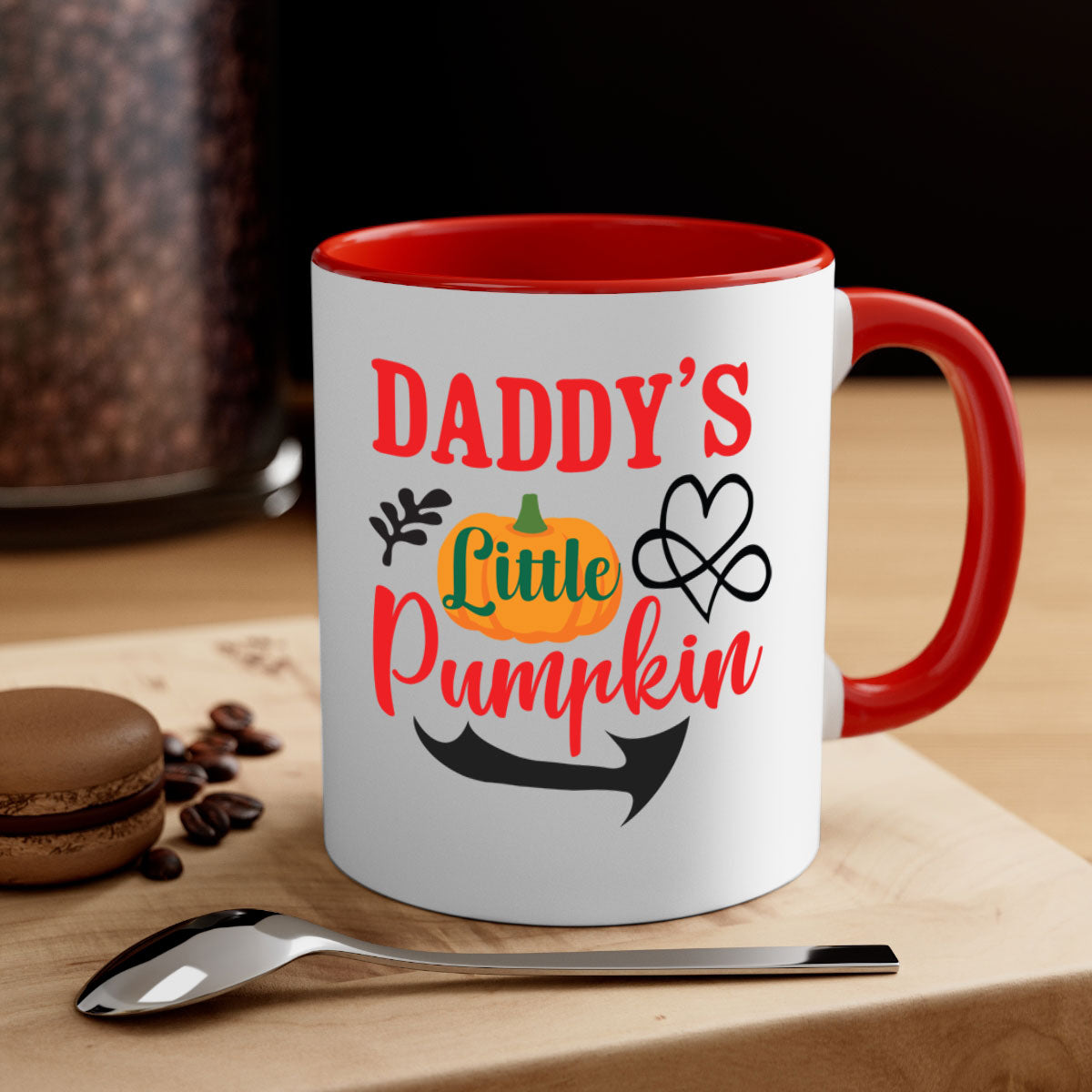 DADDYSLITTLEPUMPKIN 69# Mug featuring a glossy finish, colored handle, and interior, available in five vibrant colors.
