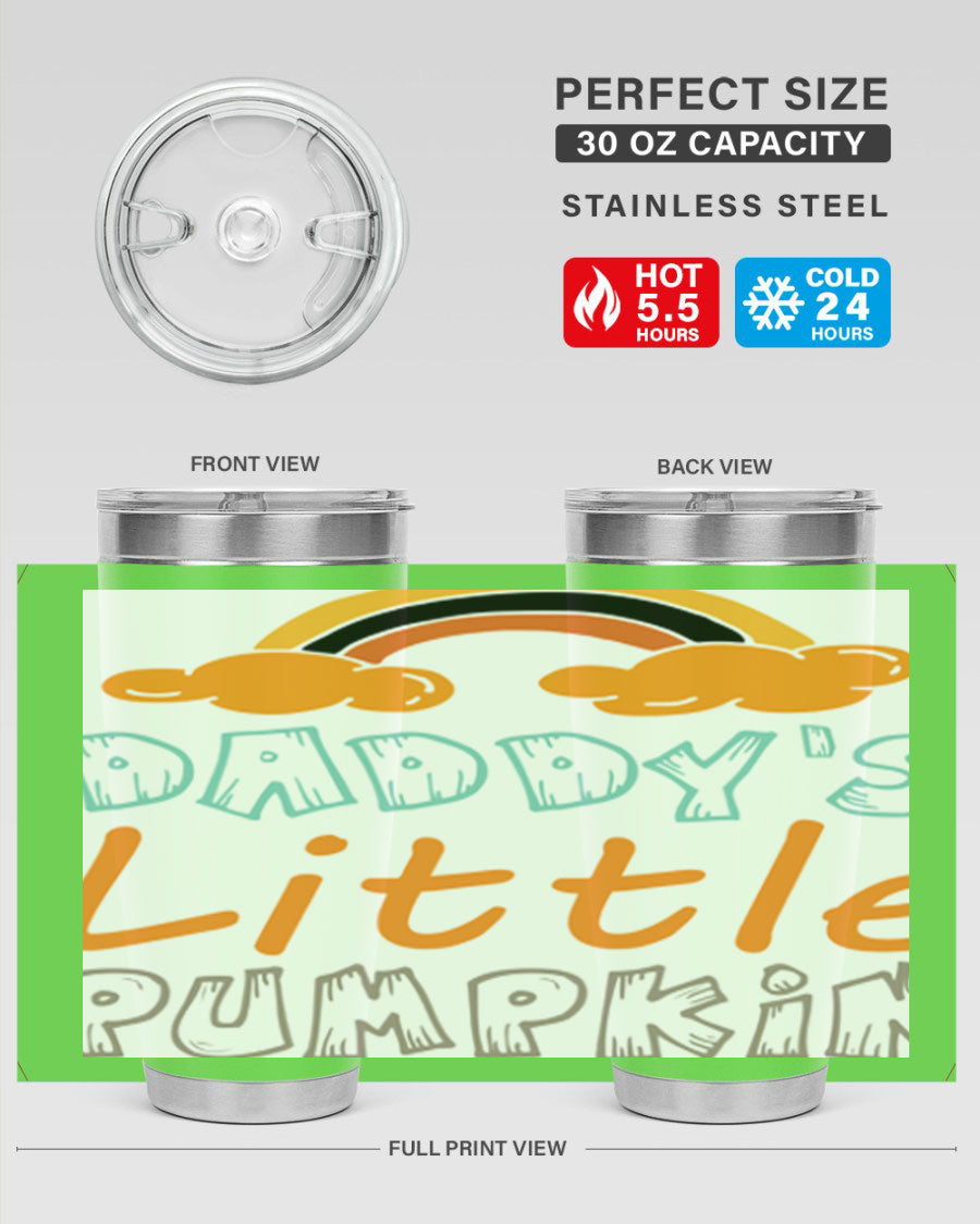 DaddysLittlePumpkindesign 70# fall tumbler in stainless steel with a vibrant fall-themed design, showcasing its double wall vacuum insulation.