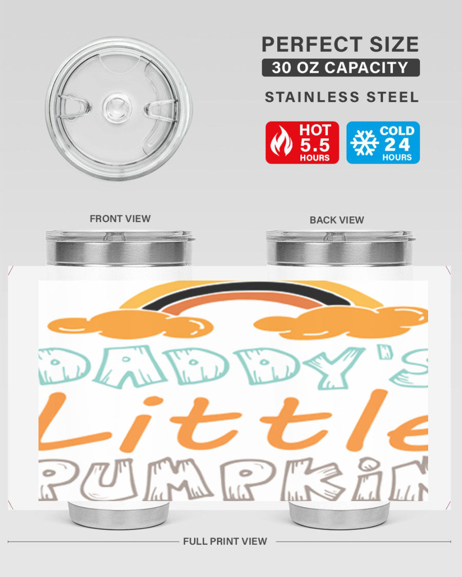 DaddysLittlePumpkindesign 70# fall tumbler in stainless steel with a vibrant fall-themed design, showcasing its double wall vacuum insulation.