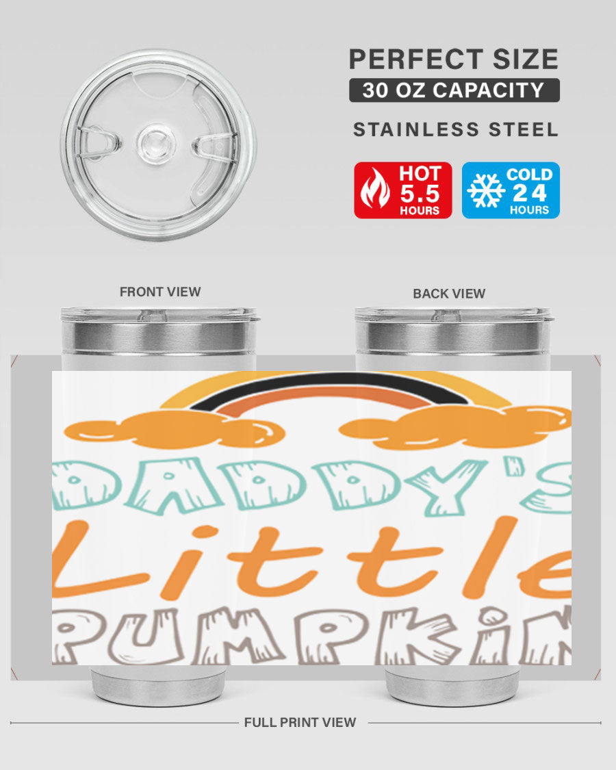 DaddysLittlePumpkindesign 70# fall tumbler in stainless steel with a vibrant fall-themed design, showcasing its double wall vacuum insulation.