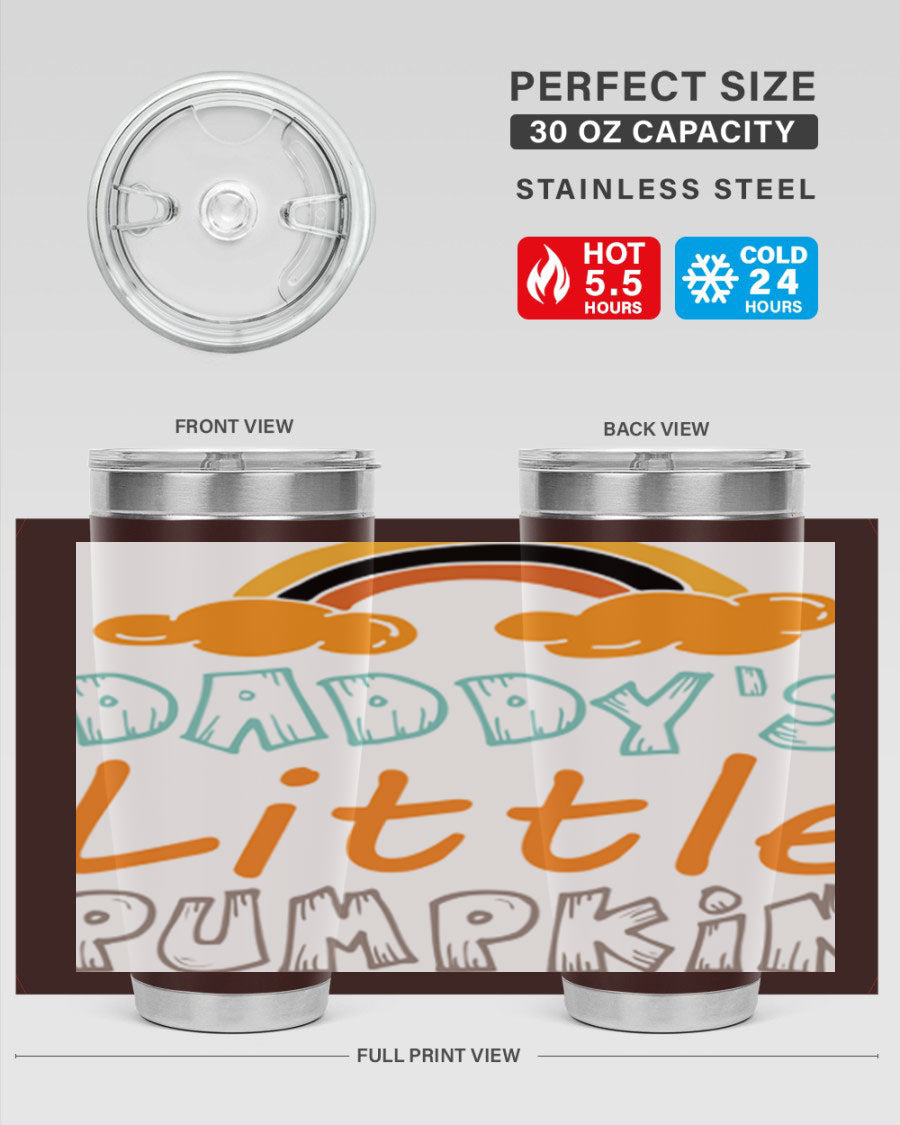 DaddysLittlePumpkindesign 70# fall tumbler in stainless steel with a vibrant fall-themed design, showcasing its double wall vacuum insulation.
