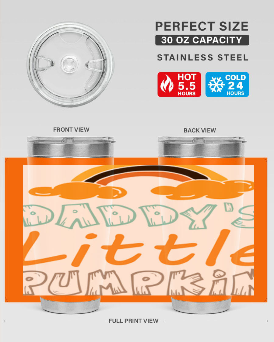 DaddysLittlePumpkindesign 70# fall tumbler in stainless steel with a vibrant fall-themed design, showcasing its double wall vacuum insulation.
