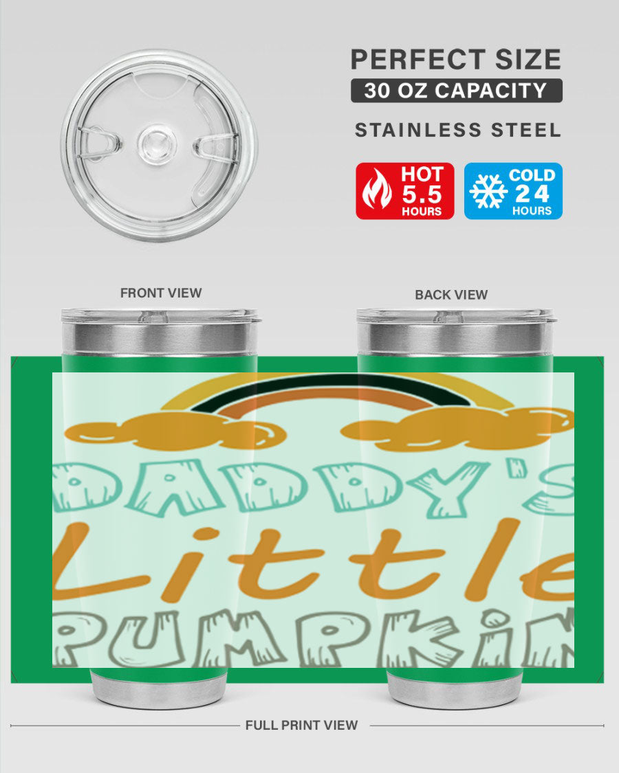 DaddysLittlePumpkindesign 70# fall tumbler in stainless steel with a vibrant fall-themed design, showcasing its double wall vacuum insulation.