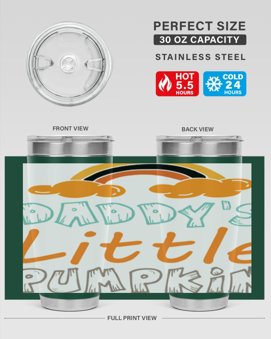 DaddysLittlePumpkindesign 70# fall tumbler in stainless steel with a vibrant fall-themed design, showcasing its double wall vacuum insulation.