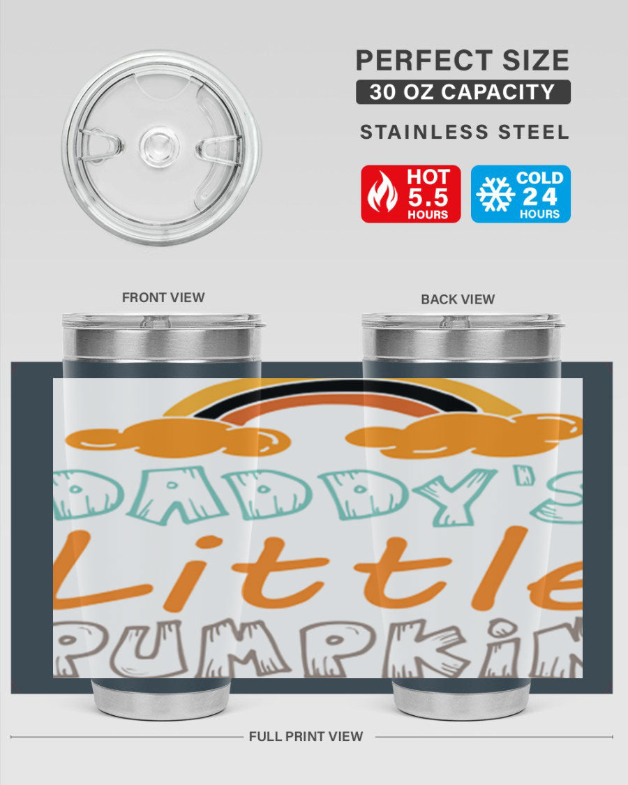 DaddysLittlePumpkindesign 70# fall tumbler in stainless steel with a vibrant fall-themed design, showcasing its double wall vacuum insulation.