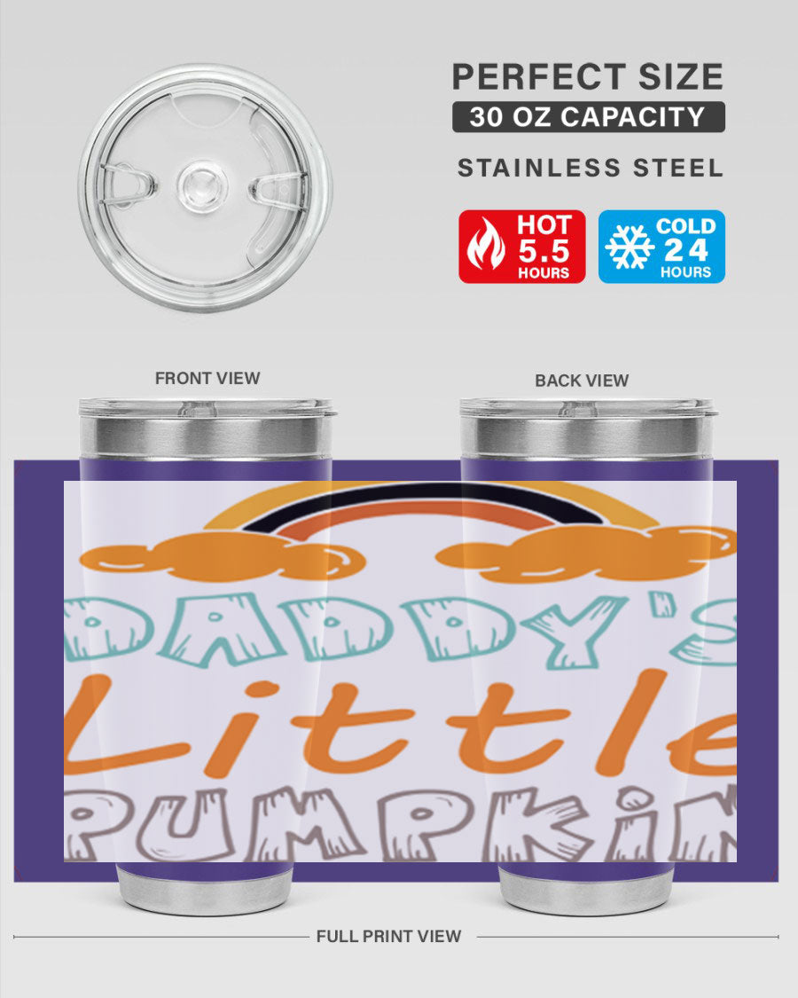 DaddysLittlePumpkindesign 70# fall tumbler in stainless steel with a vibrant fall-themed design, showcasing its double wall vacuum insulation.