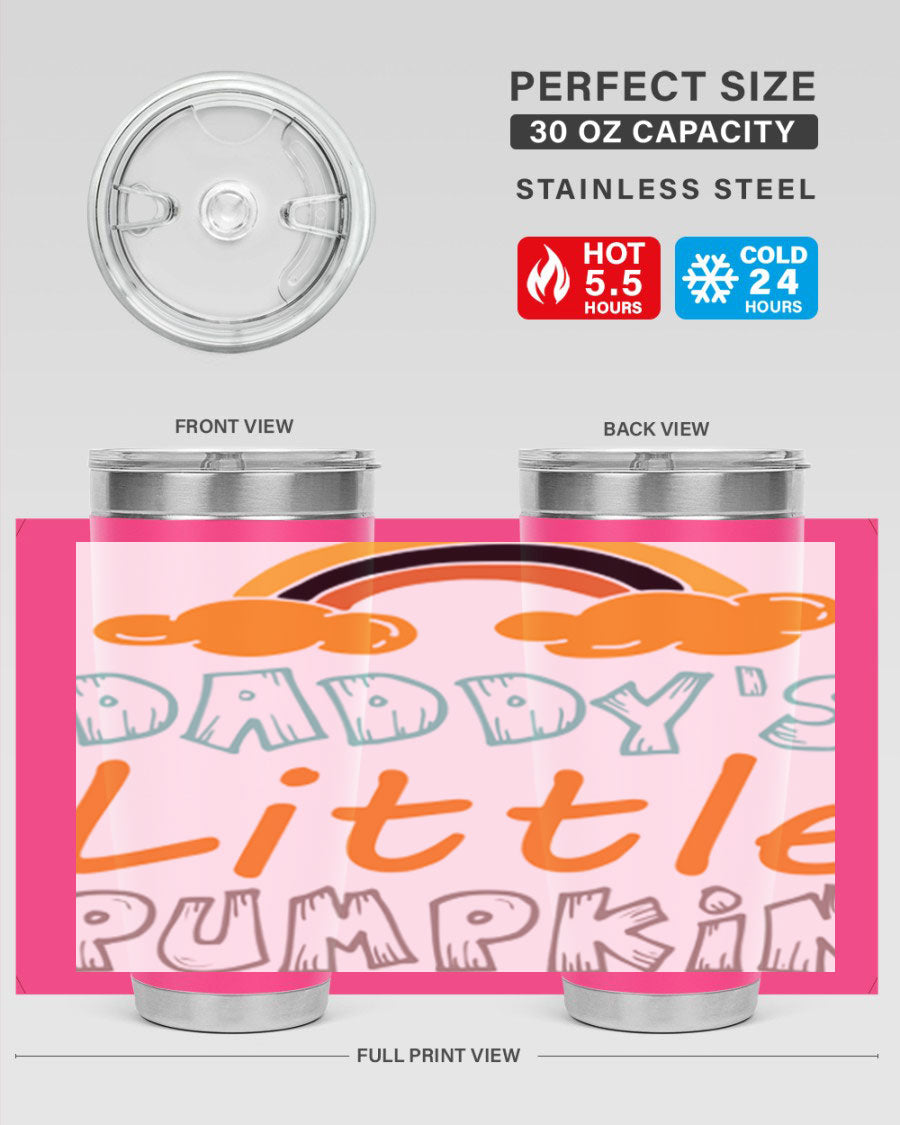 DaddysLittlePumpkindesign 70# fall tumbler in stainless steel with a vibrant fall-themed design, showcasing its double wall vacuum insulation.