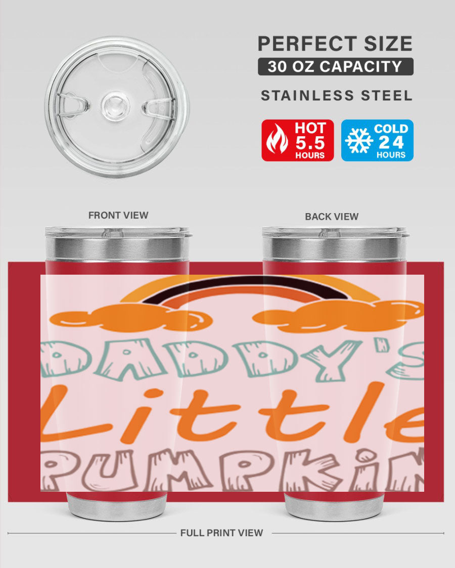 DaddysLittlePumpkindesign 70# fall tumbler in stainless steel with a vibrant fall-themed design, showcasing its double wall vacuum insulation.