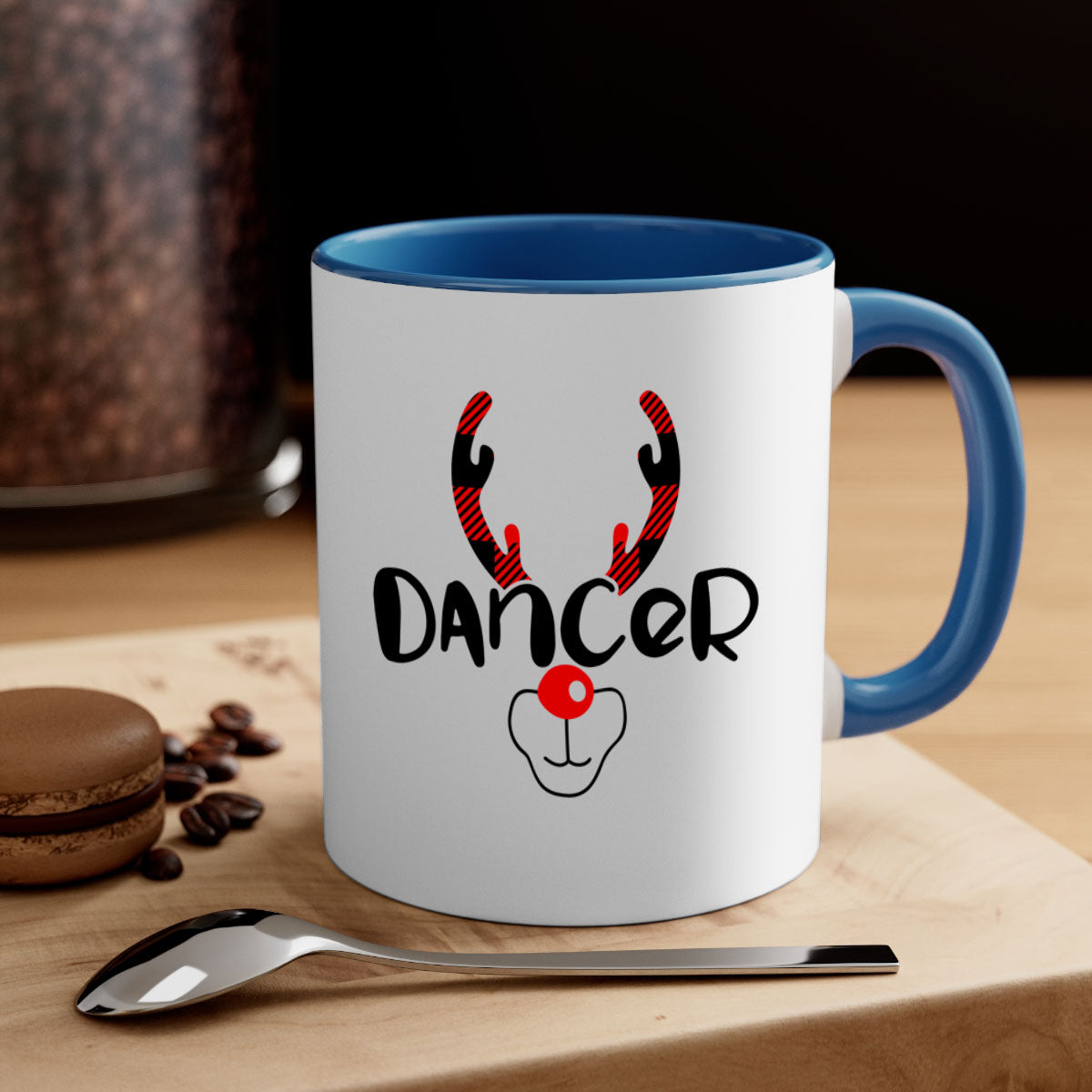 Dancerreindeer Style 33# Christmas Mug with colorful handle and glossy finish, available in multiple colors.
