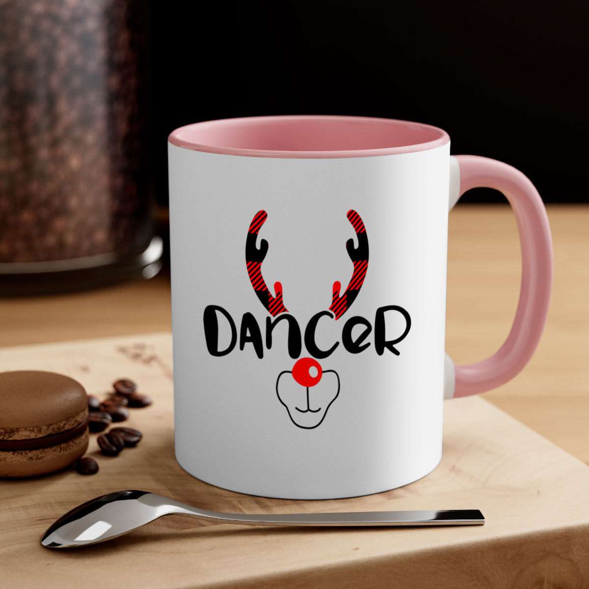 Dancerreindeer Style 33# Christmas Mug with colorful handle and glossy finish, available in multiple colors.