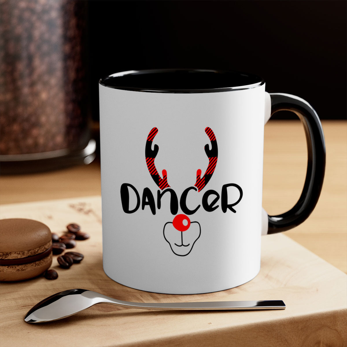 Dancerreindeer Style 33# Christmas Mug with colorful handle and glossy finish, available in multiple colors.