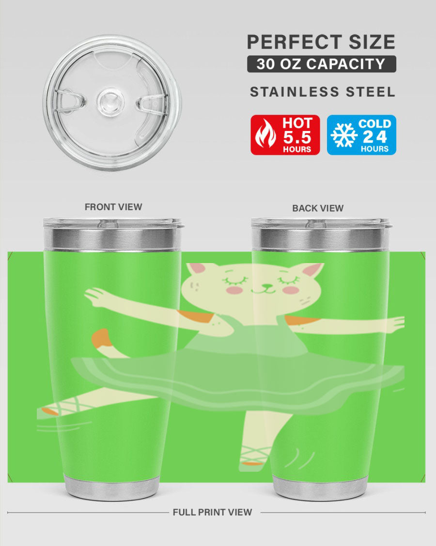 Dancing Cat Ballerina Tumbler featuring a cute cat ballerina design, made of stainless steel with a drink-thru lid.