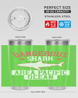 Dangerous Shark Area Pacific Ocean Style 92# Tumbler featuring a vibrant marine design, made of stainless steel with a drink-thru lid.