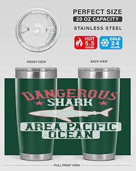 Dangerous Shark Area Pacific Ocean Style 92# Tumbler featuring a vibrant marine design, made of stainless steel with a drink-thru lid.