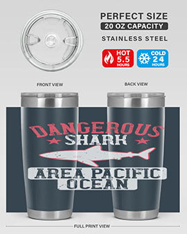 Dangerous Shark Area Pacific Ocean Style 92# Tumbler featuring a vibrant marine design, made of stainless steel with a drink-thru lid.