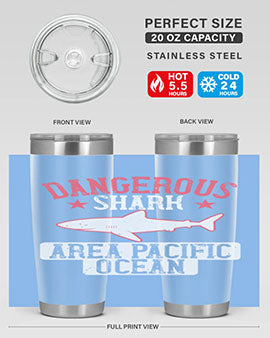 Dangerous Shark Area Pacific Ocean Style 92# Tumbler featuring a vibrant marine design, made of stainless steel with a drink-thru lid.
