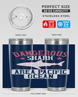 Dangerous Shark Area Pacific Ocean Style 92# Tumbler featuring a vibrant marine design, made of stainless steel with a drink-thru lid.