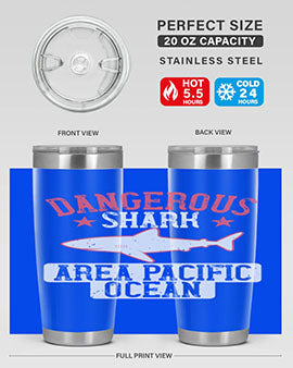 Dangerous Shark Area Pacific Ocean Style 92# Tumbler featuring a vibrant marine design, made of stainless steel with a drink-thru lid.