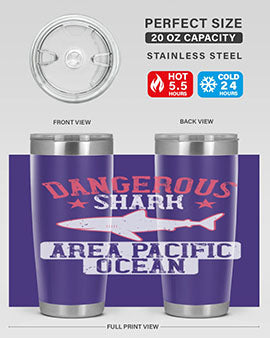 Dangerous Shark Area Pacific Ocean Style 92# Tumbler featuring a vibrant marine design, made of stainless steel with a drink-thru lid.
