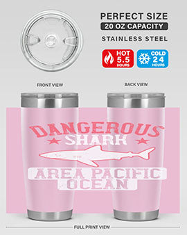 Dangerous Shark Area Pacific Ocean Style 92# Tumbler featuring a vibrant marine design, made of stainless steel with a drink-thru lid.