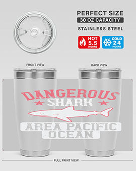 Dangerous Shark Area Pacific Ocean Style 92# Tumbler featuring a vibrant marine design, made of stainless steel with a drink-thru lid.