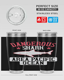 Dangerous Shark Area Pacific Ocean Style 92# Tumbler featuring a vibrant marine design, made of stainless steel with a drink-thru lid.