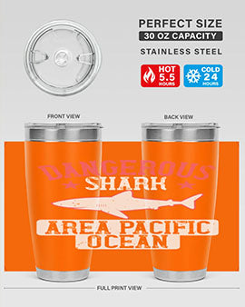 Dangerous Shark Area Pacific Ocean Style 92# Tumbler featuring a vibrant marine design, made of stainless steel with a drink-thru lid.