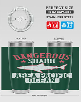 Dangerous Shark Area Pacific Ocean Style 92# Tumbler featuring a vibrant marine design, made of stainless steel with a drink-thru lid.
