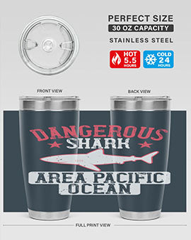 Dangerous Shark Area Pacific Ocean Style 92# Tumbler featuring a vibrant marine design, made of stainless steel with a drink-thru lid.