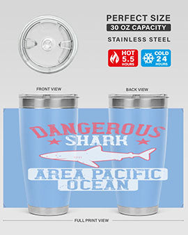 Dangerous Shark Area Pacific Ocean Style 92# Tumbler featuring a vibrant marine design, made of stainless steel with a drink-thru lid.