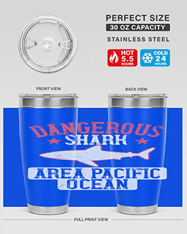 Dangerous Shark Area Pacific Ocean Style 92# Tumbler featuring a vibrant marine design, made of stainless steel with a drink-thru lid.