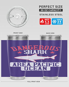 Dangerous Shark Area Pacific Ocean Style 92# Tumbler featuring a vibrant marine design, made of stainless steel with a drink-thru lid.