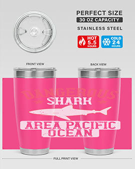 Dangerous Shark Area Pacific Ocean Style 92# Tumbler featuring a vibrant marine design, made of stainless steel with a drink-thru lid.