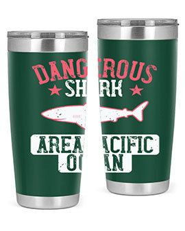Dangerous Shark Area Pacific Ocean Style 92# Tumbler featuring a vibrant marine design, made of stainless steel with a drink-thru lid.
