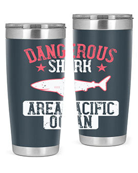 Dangerous Shark Area Pacific Ocean Style 92# Tumbler featuring a vibrant marine design, made of stainless steel with a drink-thru lid.