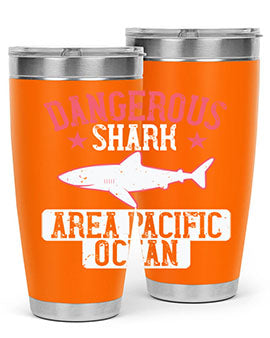 Dangerous Shark Area Pacific Ocean Style 92# Tumbler featuring a vibrant marine design, made of stainless steel with a drink-thru lid.