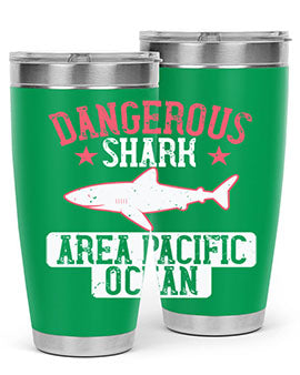 Dangerous Shark Area Pacific Ocean Style 92# Tumbler featuring a vibrant marine design, made of stainless steel with a drink-thru lid.