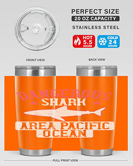 Dangerous Shark Area Pacific Ocean Style 92# Tumbler featuring a vibrant marine design, made of stainless steel with a drink-thru lid.
