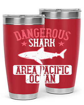 Dangerous Shark Area Pacific Ocean Style 92# Tumbler featuring a vibrant marine design, made of stainless steel with a drink-thru lid.