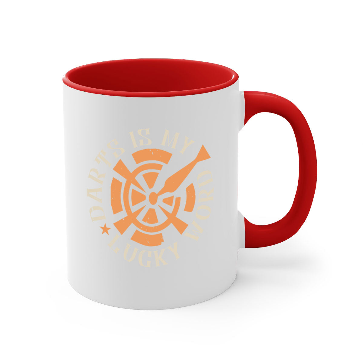 Darts Is My Lucky Word mug with a glossy finish, featuring a colored handle and interior, available in multiple colors.