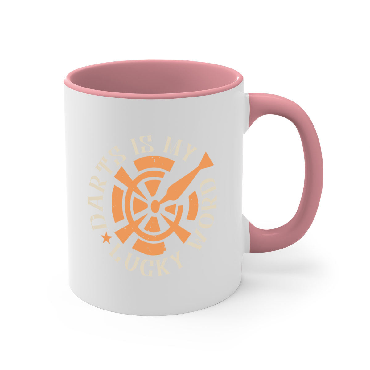 Darts Is My Lucky Word mug with a glossy finish, featuring a colored handle and interior, available in multiple colors.