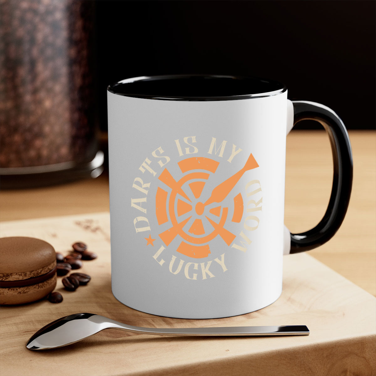 Darts Is My Lucky Word mug with a glossy finish, featuring a colored handle and interior, available in multiple colors.