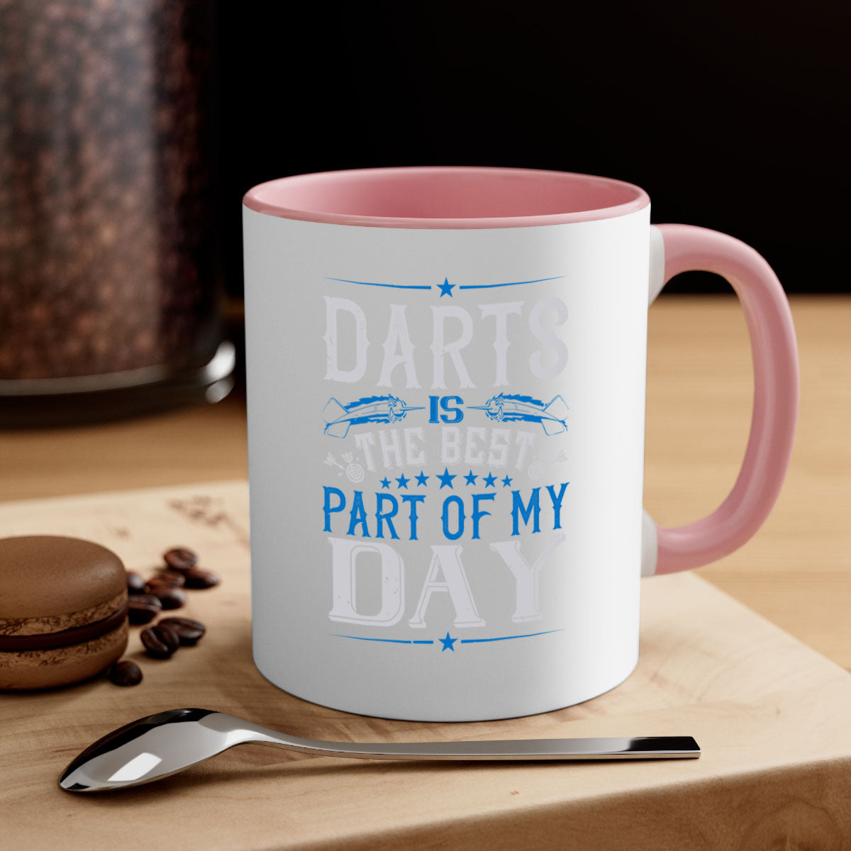 A stylish two-tone Darts Mug with a glossy finish, featuring a colored handle and interior, perfect for coffee and tea lovers.