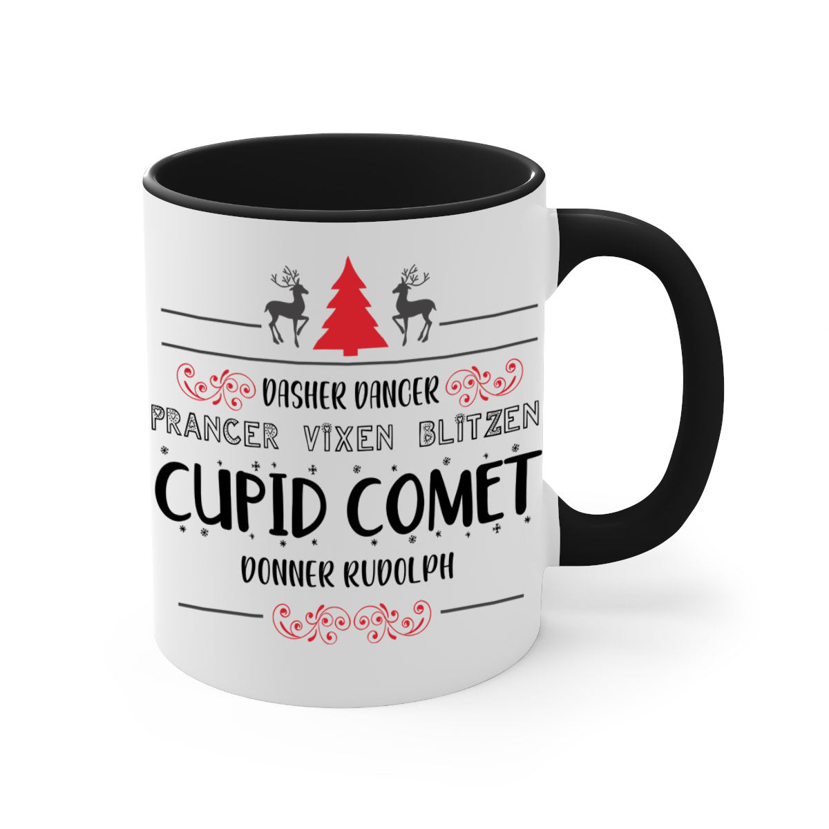 Ceramic Dasher Dancer Prancer Vixen Blitzen Cupid Comet Donner Rudolph Mug with colorful handle and glossy finish.