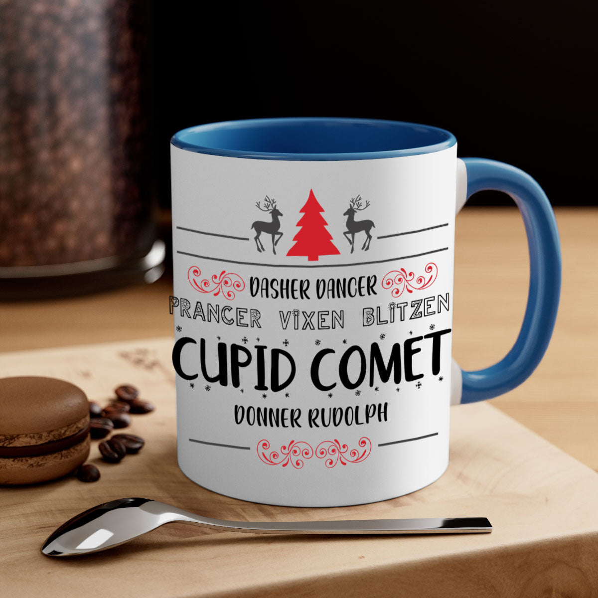 Ceramic Dasher Dancer Prancer Vixen Blitzen Cupid Comet Donner Rudolph Mug with colorful handle and glossy finish.