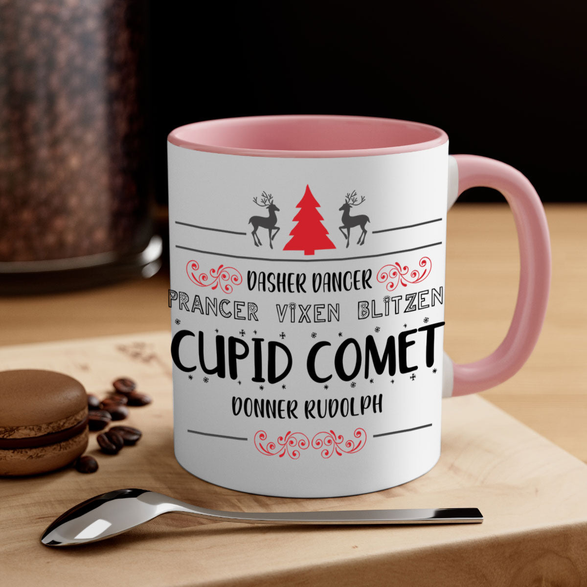 Ceramic Dasher Dancer Prancer Vixen Blitzen Cupid Comet Donner Rudolph Mug with colorful handle and glossy finish.