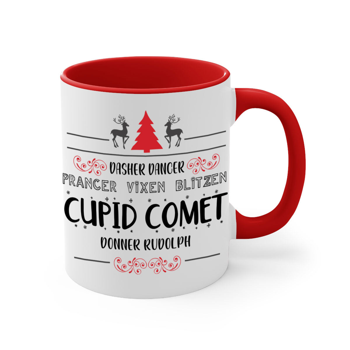 Ceramic Dasher Dancer Prancer Vixen Blitzen Cupid Comet Donner Rudolph Mug with colorful handle and glossy finish.
