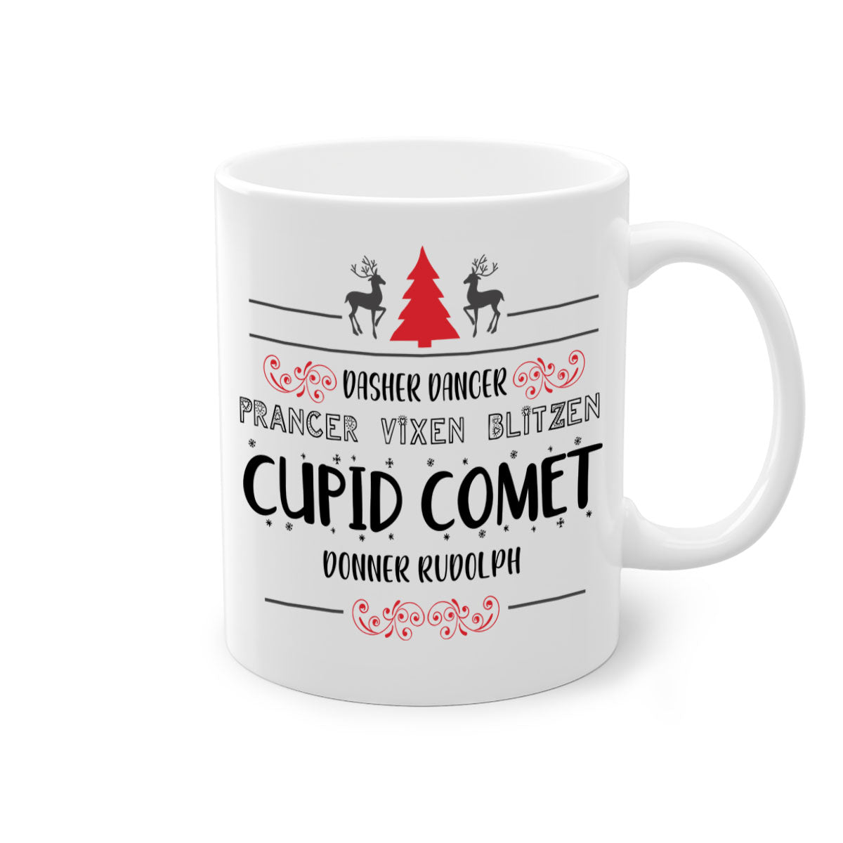 Ceramic Dasher Dancer Prancer Vixen Blitzen Cupid Comet Donner Rudolph Mug with colorful handle and glossy finish.