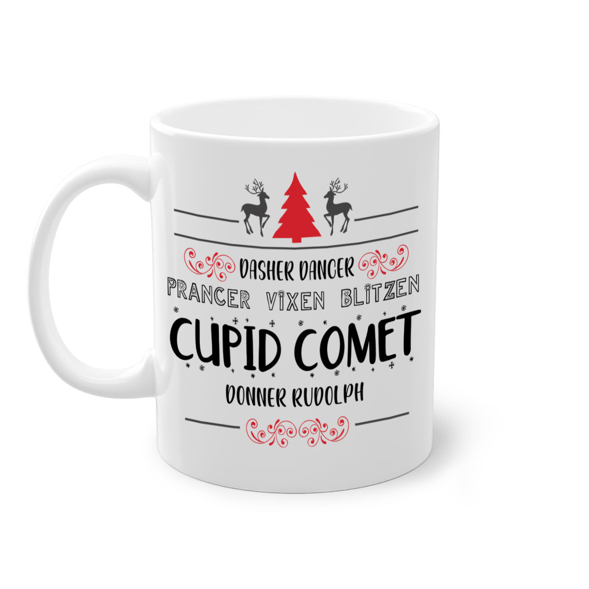 Ceramic Dasher Dancer Prancer Vixen Blitzen Cupid Comet Donner Rudolph Mug with colorful handle and glossy finish.