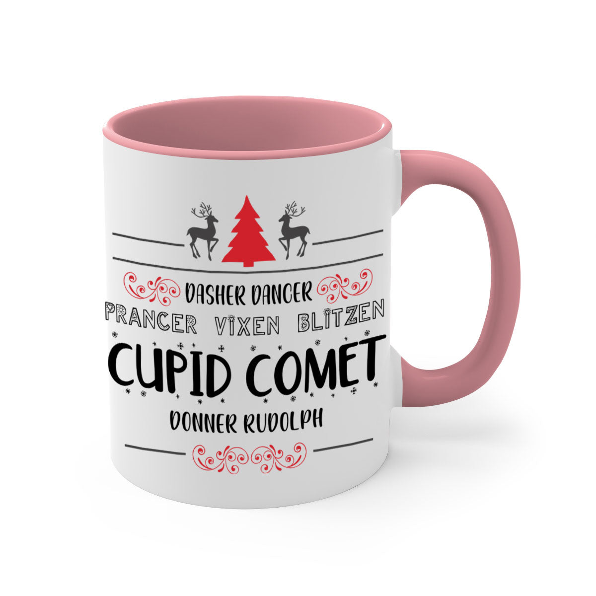 Ceramic Dasher Dancer Prancer Vixen Blitzen Cupid Comet Donner Rudolph Mug with colorful handle and glossy finish.